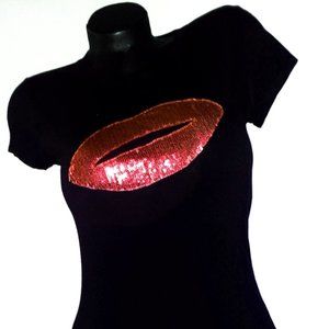 Sexy Sequin Red Lips on a Fitted Black Spandex Tee. New!!! XL